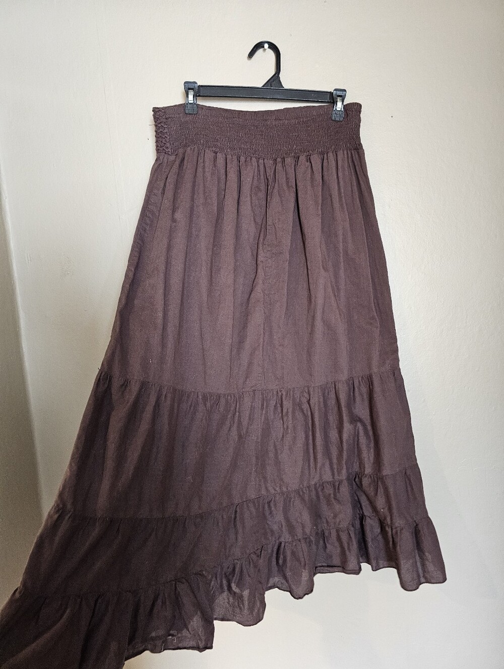 Brown Cotton Multi Tiered Maxi Skirt With Crochet Waist Band